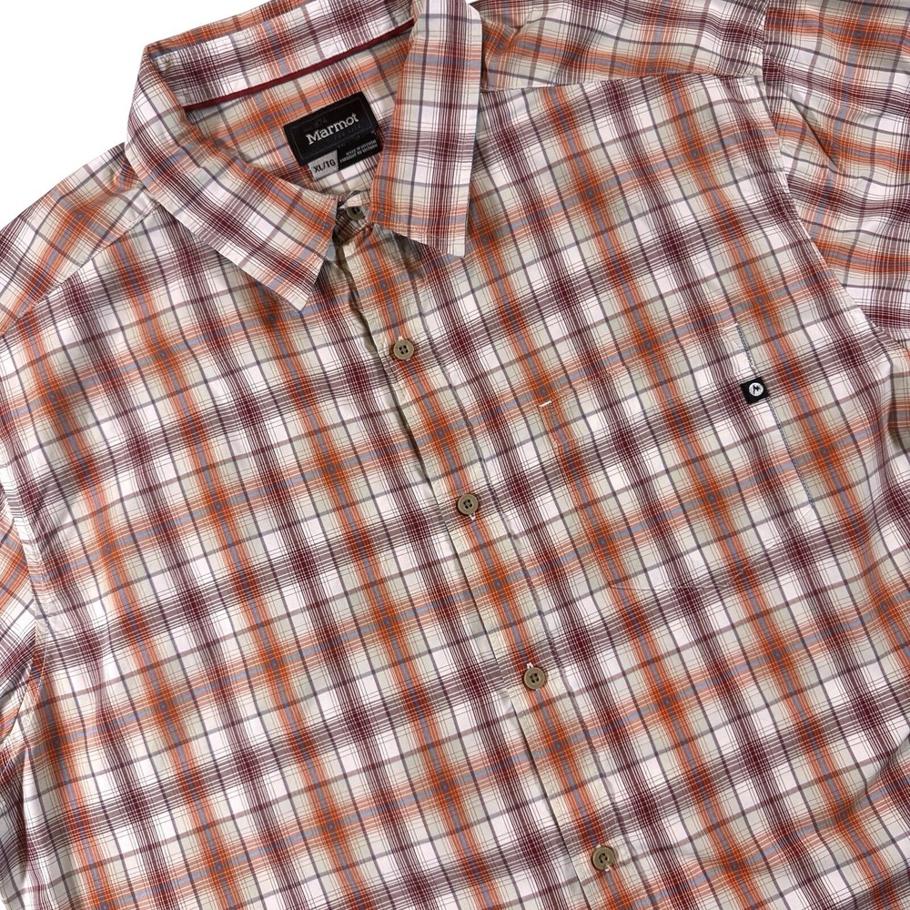 Marmot Eldridge Plaid Button Down Shirt Mens XL Orange Short Sleeve Hiking